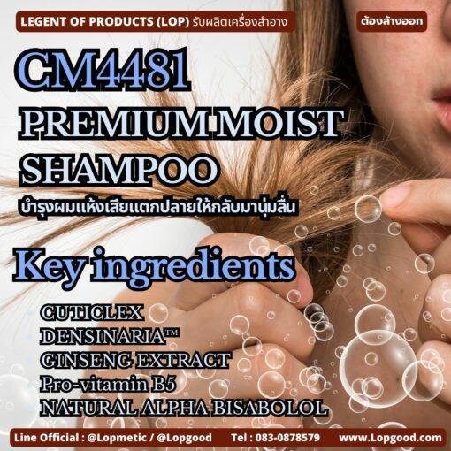 CM4481 รับผลิตPREMIUM MOIST SHAMPOO (สูตรใส) รับผลิตแชมพูช่วยบำรุงผมแห้งเสียแตกปลายให้กลับมานุ่มลื่น จัดทรงง่าย